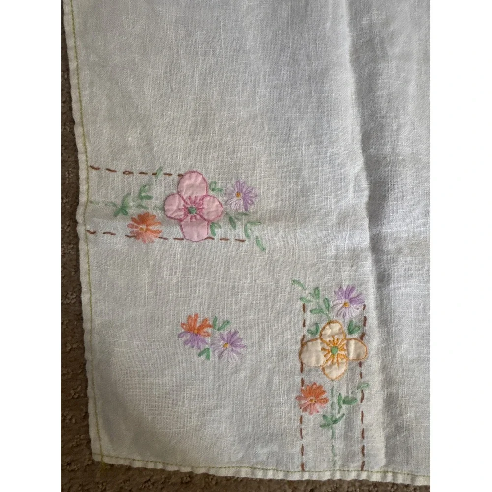 Vintage Hand Embroidered White Linen Floral Tablecloth 31x28 Cottagecore